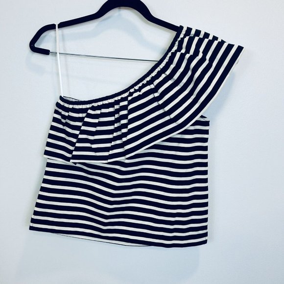 🛑 J. CREW XS One Shoulder Striped Ruffle Top Nautical Blue White G7064 - Picture 9 of 9